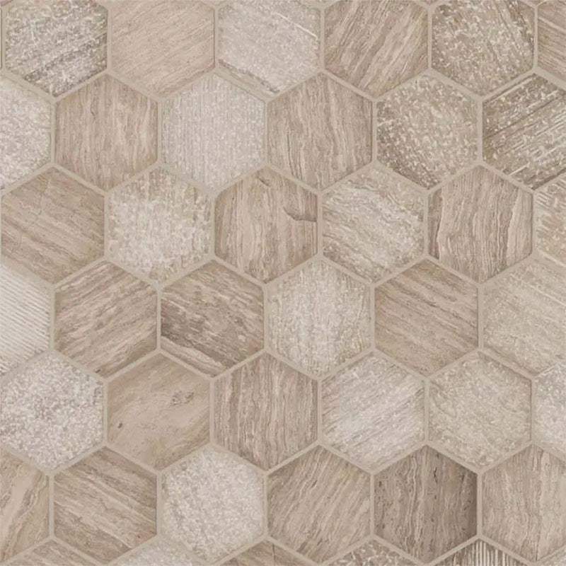 White Oak Multi Finish Hexagon Marble Mosaics close up