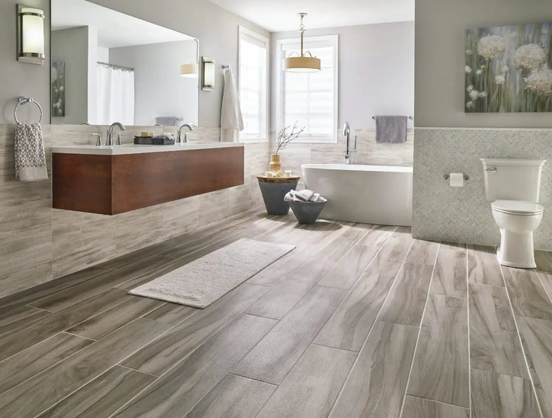 White Oak Polished Pattern Marble Mosaics in a finished room