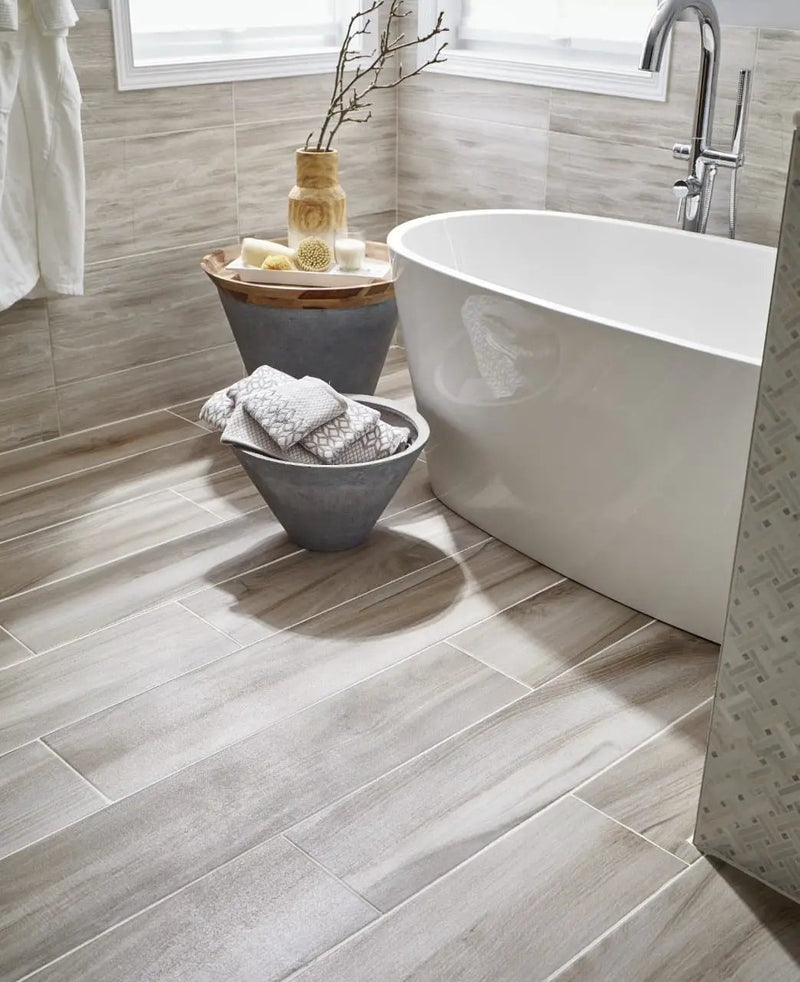 White Oak Split Face Marble Pavers 6x24 in a finished room