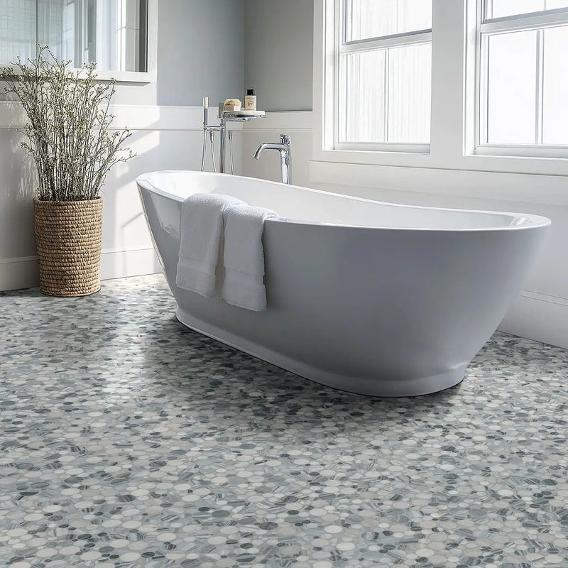 Alaska Gray Pebble Polished 10mm Pattern Marble Mosaics in a finished room