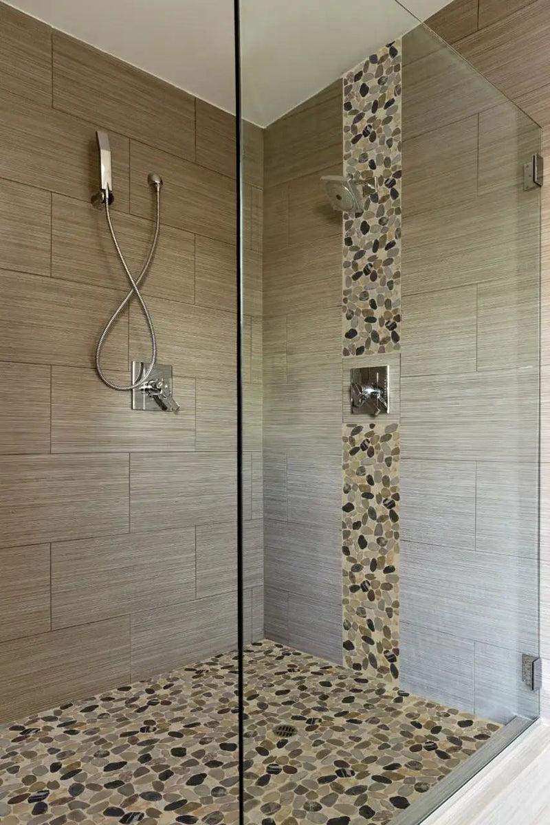 Mix River Pebbles Pattern 10mm Tumbled Quartzite Mosaics in a finished room