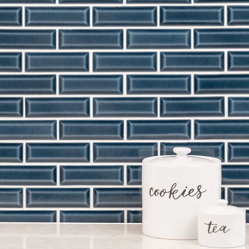 Bay Blue Beveled Tile 2x6 Glossy Ceramic Mosaics in a finished room