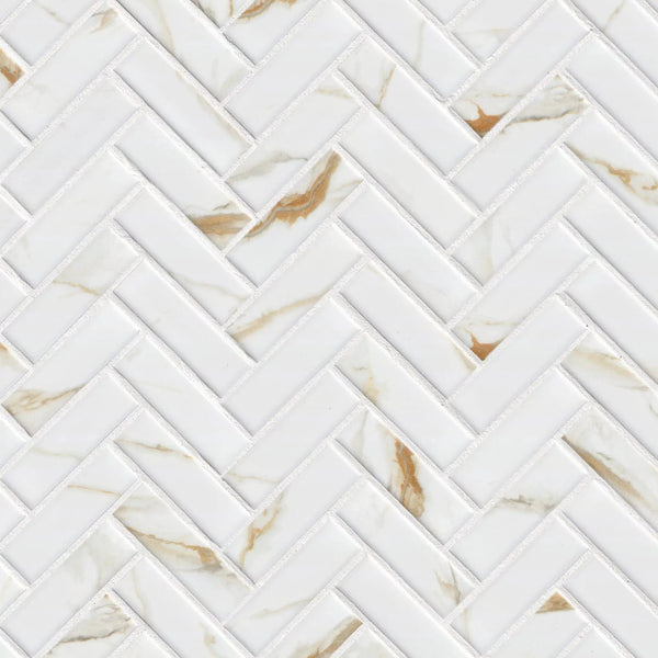 Calacatta Gold Matte 1x3 Herringbone Porcelain Mosaics, photo 2 of 5