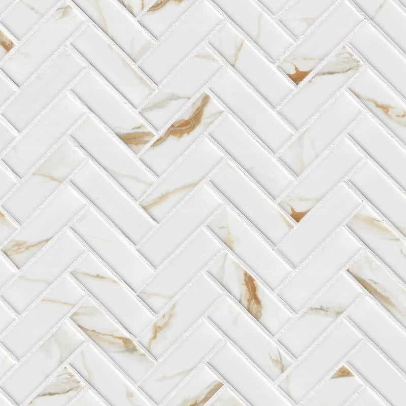 Calacatta Gold Matte 1x3 Herringbone Porcelain Mosaics by MSI Surfaces