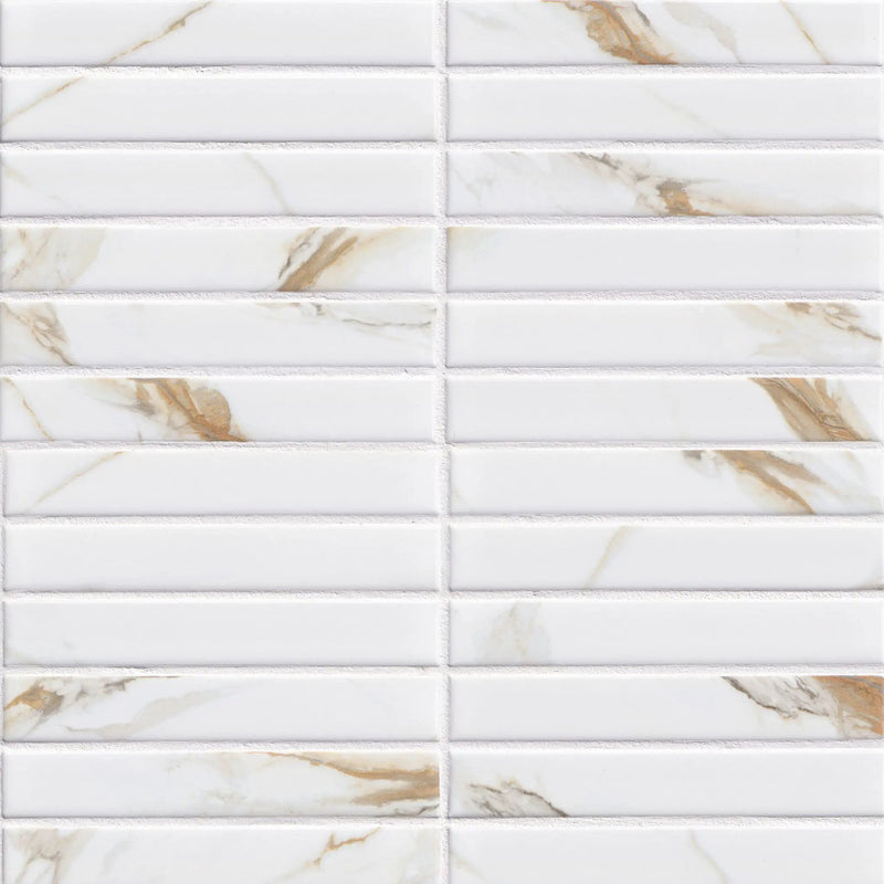 Calacatta Gold Matte 1x6 Stack Pattern Porcelain Mosaics close up