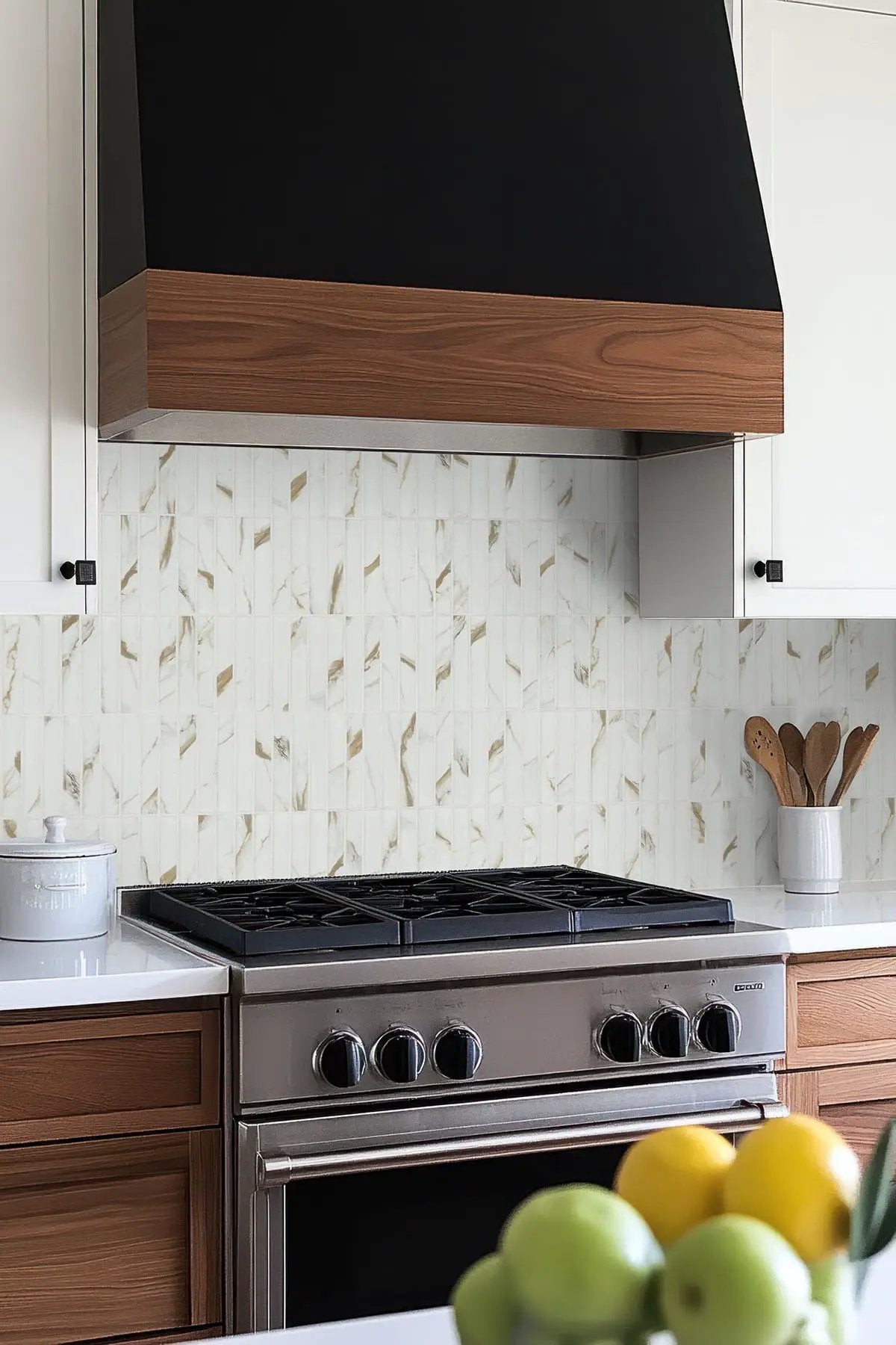 Calacatta Gold Matte 1x6 Stack Pattern Porcelain Mosaics in a finished room