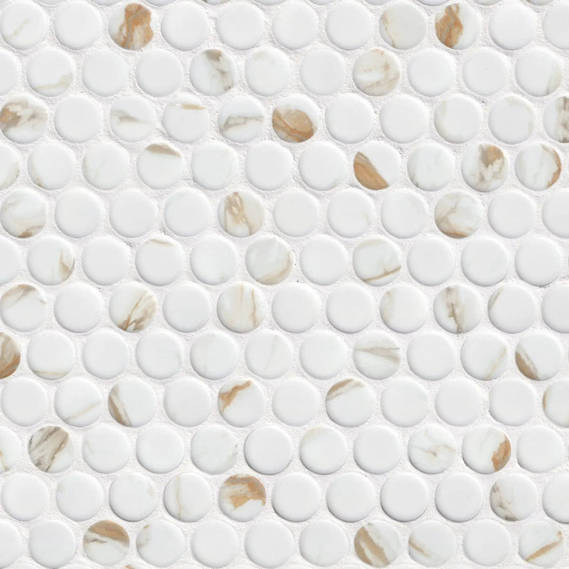 Calacatta Gold Matte Round Porcelain Mosaics close up