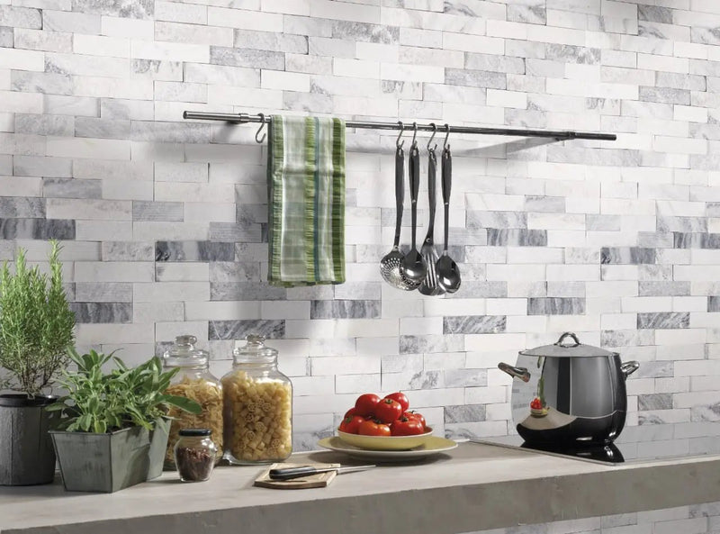 Dove Gray Subway Tile 3x6 Glossy Ceramic Mosaics in a finished room