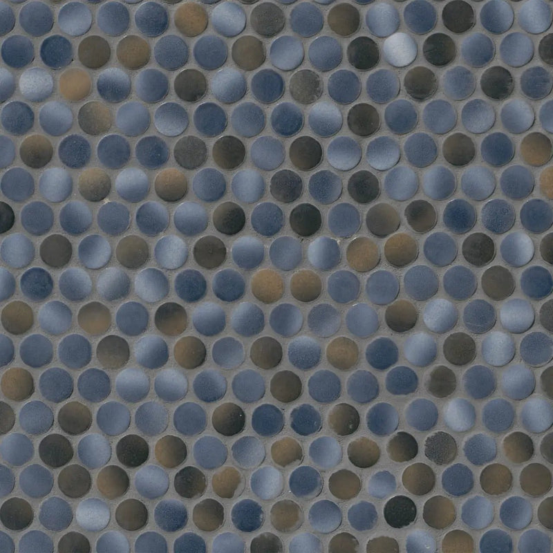 Penny Round Azul Glossy Porcelain Mosaics close up