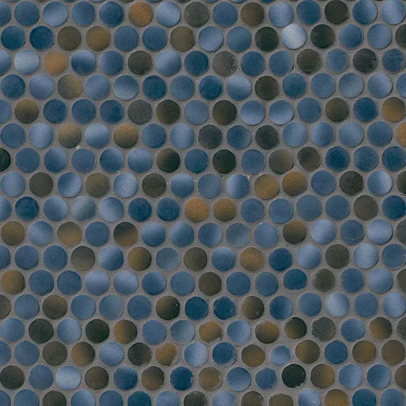 Penny Round Azul Glossy Porcelain Mosaics close up
