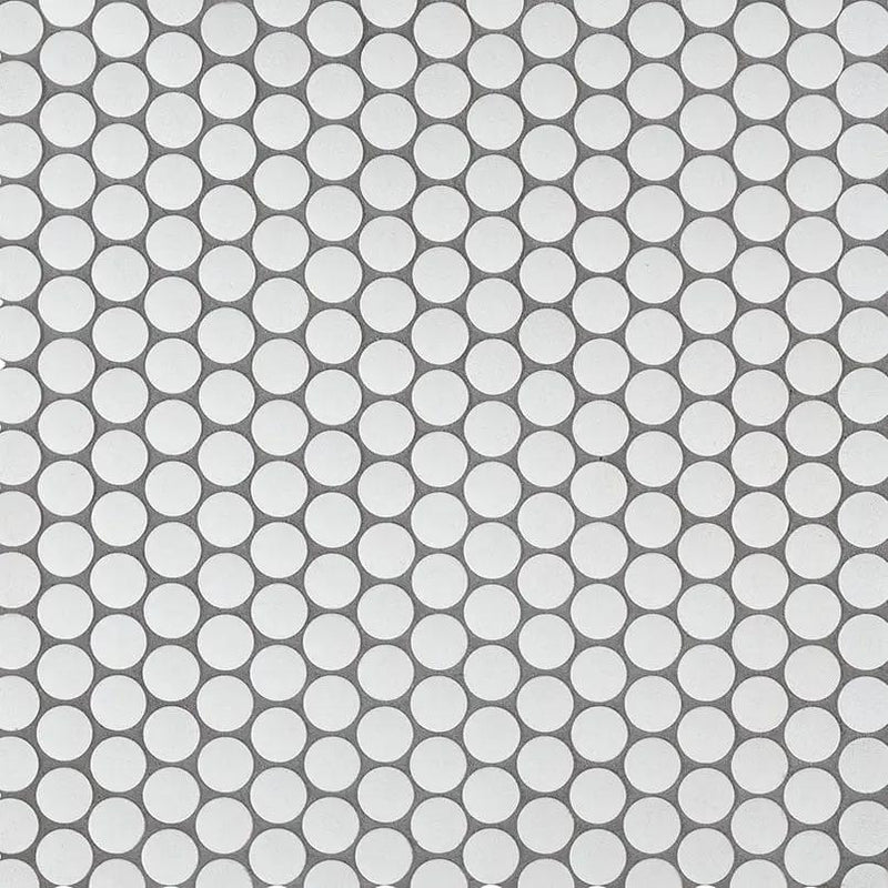 Penny Round Bianco 6mm Matte Porcelain Mosaics close up