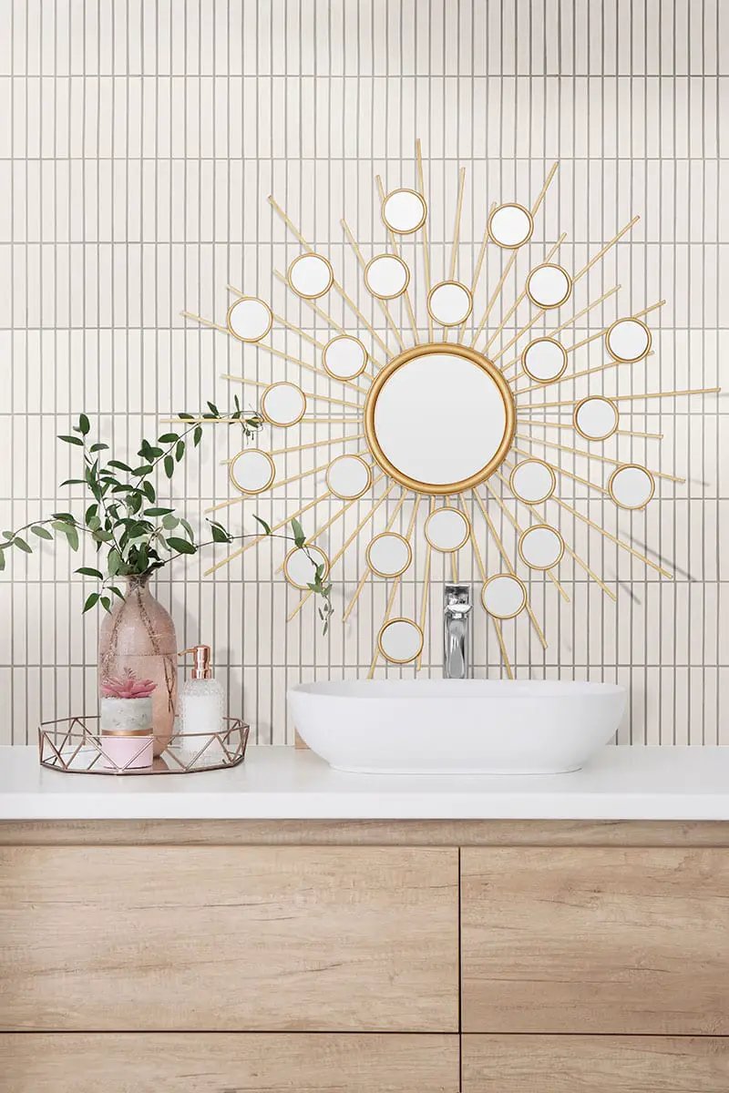 White Matte 1x6 Stack Pattern Porcelain Mosaics in a finished room