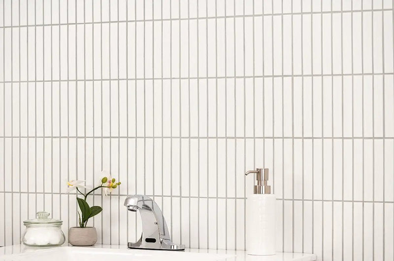White Matte 1x6 Stack Pattern Porcelain Mosaics in a finished room