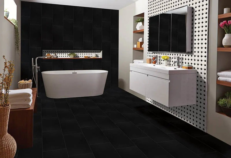 White And Black Matte Octagon Pattern Porcelain Mosaics in a finished room