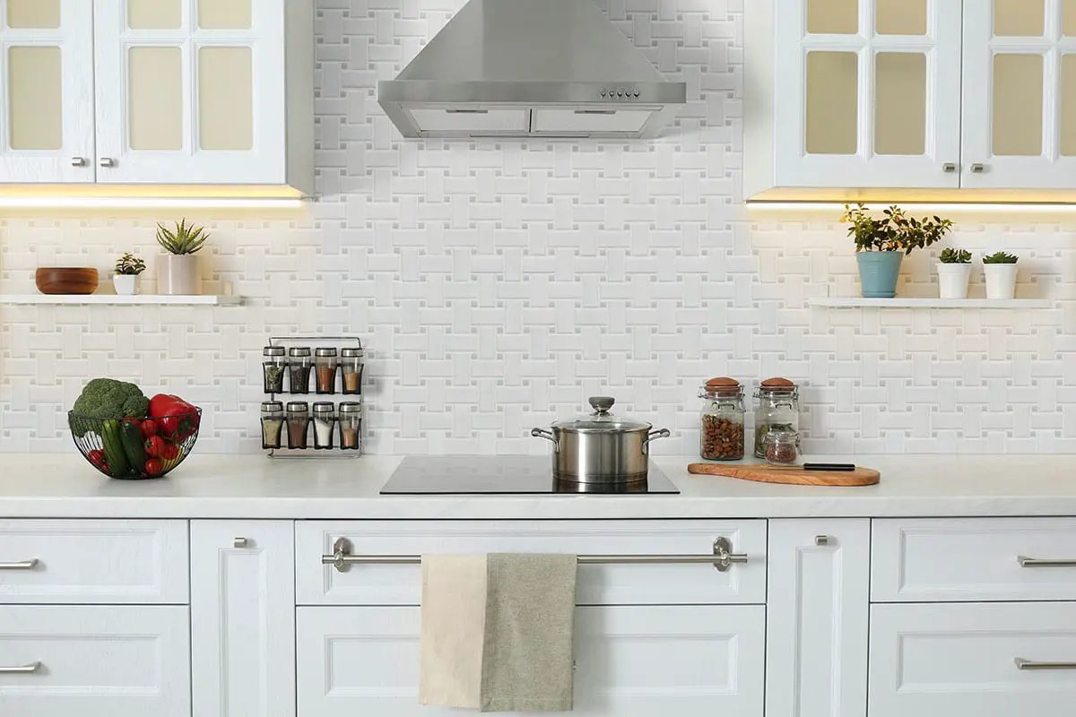 White And Gray Matte Basketweave 6mm Pattern Porcelain Mosaics in a finished room