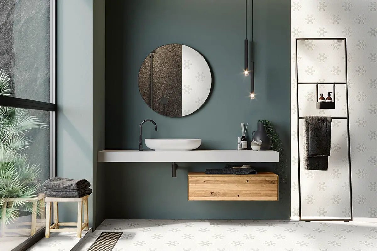 White And Gray Mod Petal Pattern Matte Porcelain Mosaics in a finished room
