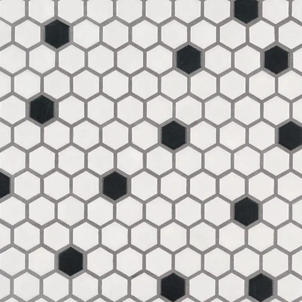 Black And White 1” Hexagon Mosaic Tile Matte Porcelain 1x1