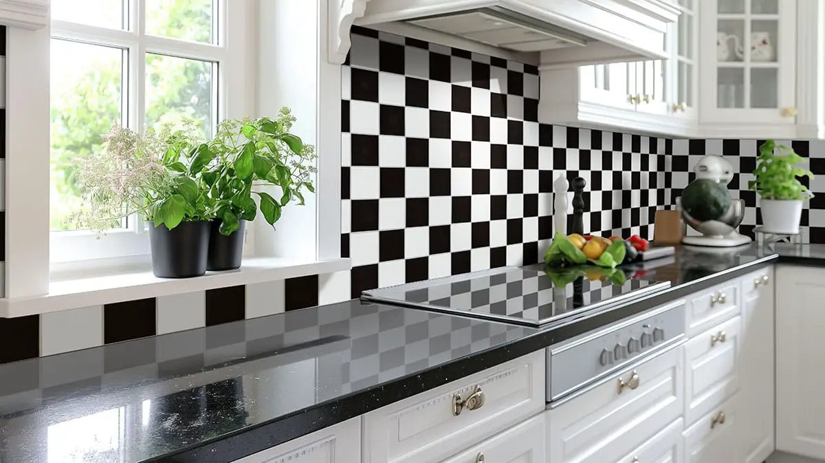 White And Black 4" Checkered Matte Porcelain Mosaics 4x4 in a finished room
