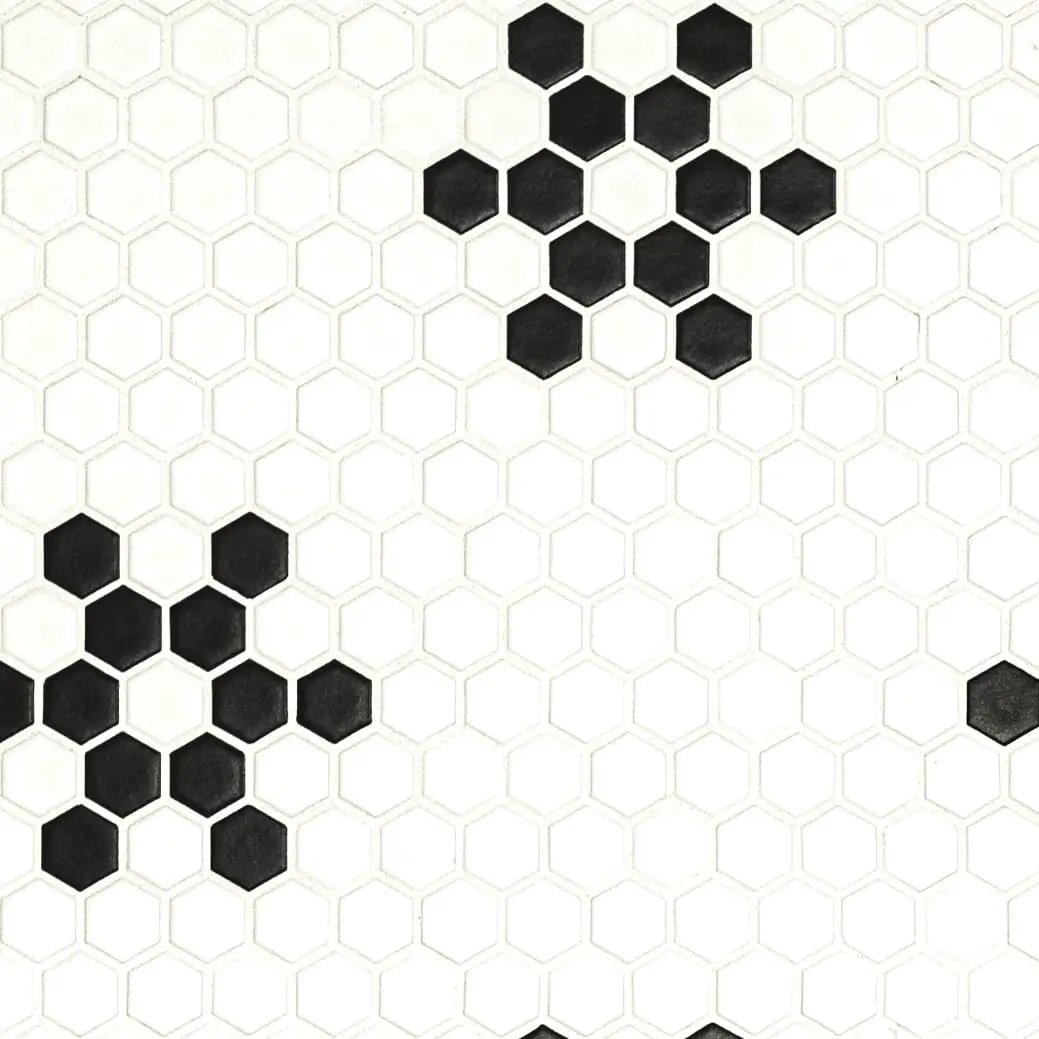 White And Black Mod Petal Pattern Matte Porcelain Mosaics close up