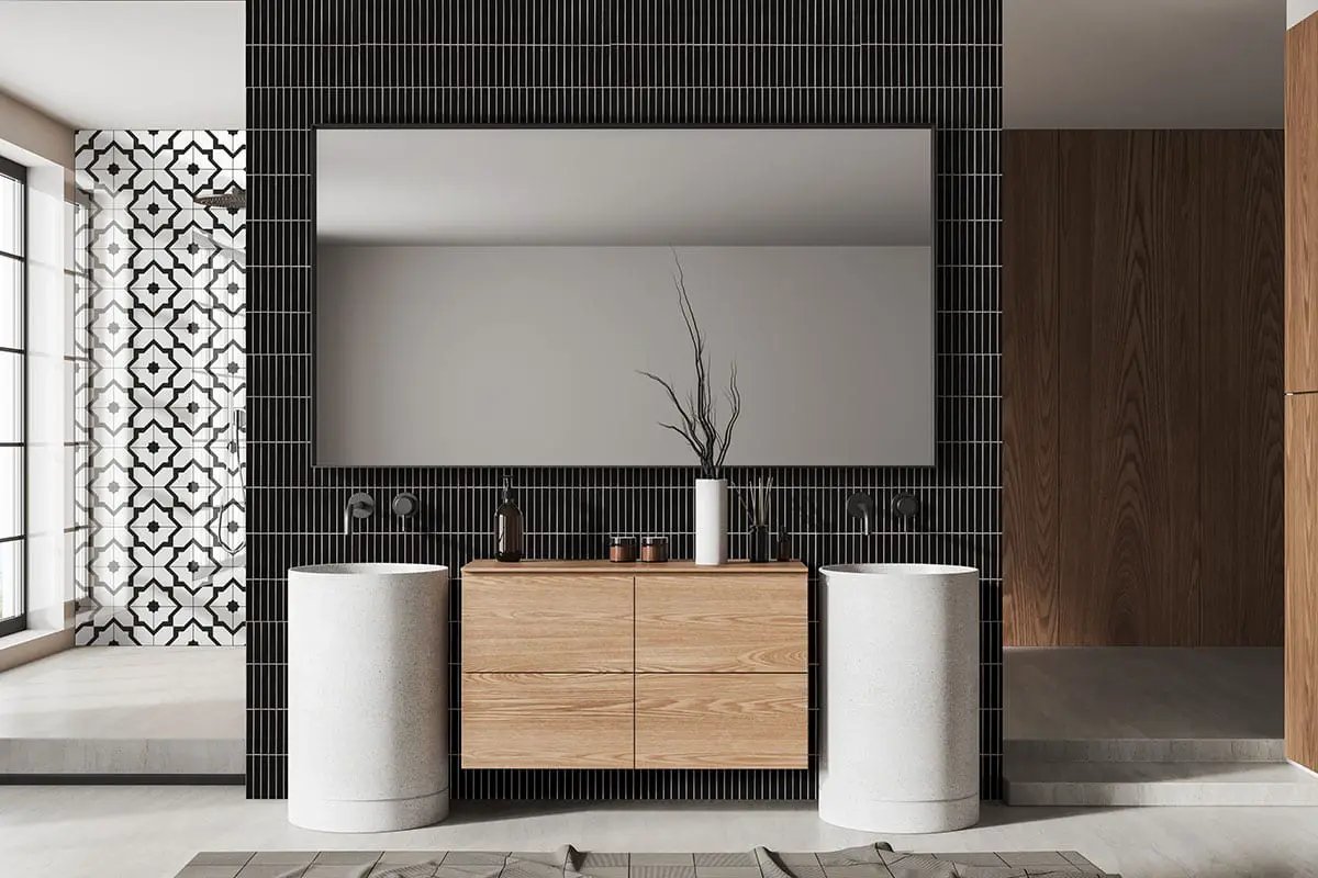 Black Matte 1x6 Stack Pattern Porcelain Mosaics in a finished room