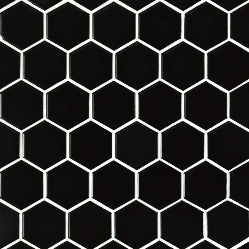Black Matte 2” Hexagon Mosaic Tile Porcelain 2x2 close up