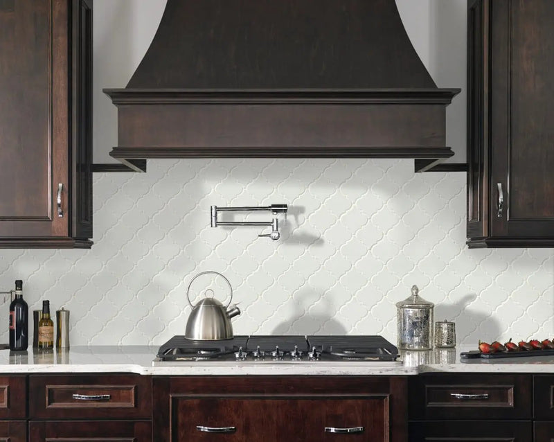 Whisper White Arabesque Tile Glossy Pattern Ceramic Mosaics in a finished room