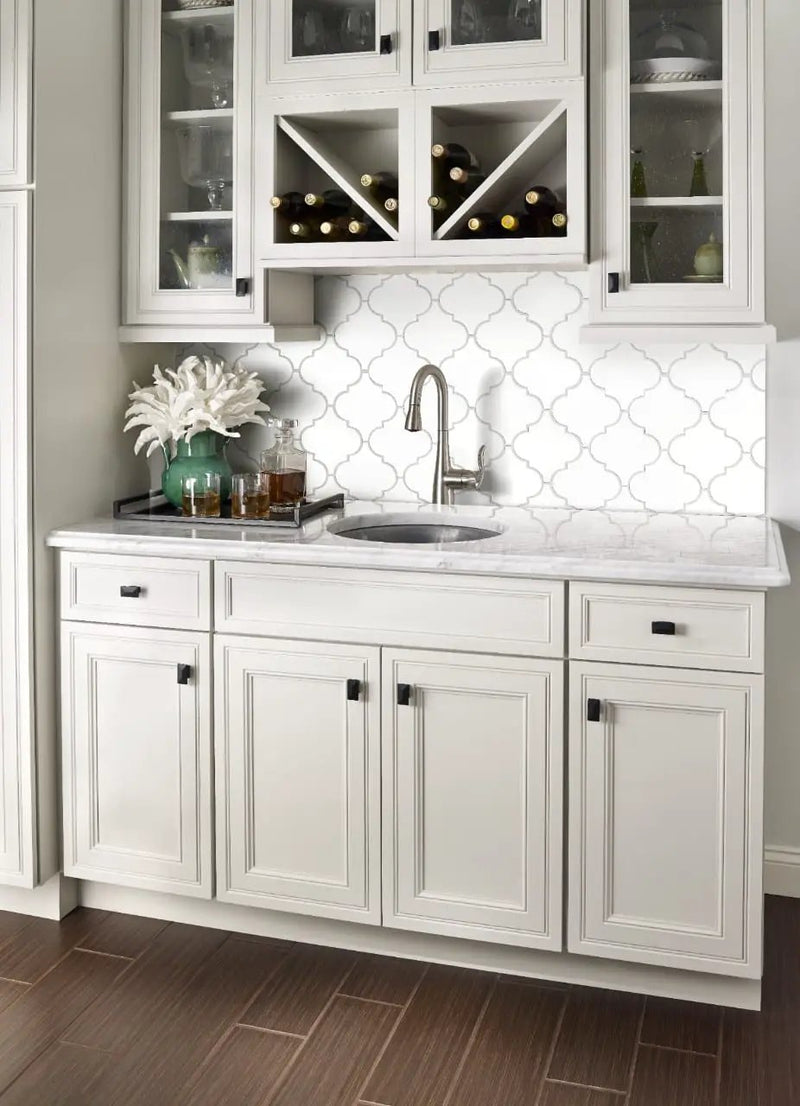 Whisper White Arabesque Tile Glossy Pattern Ceramic Mosaics in a finished room
