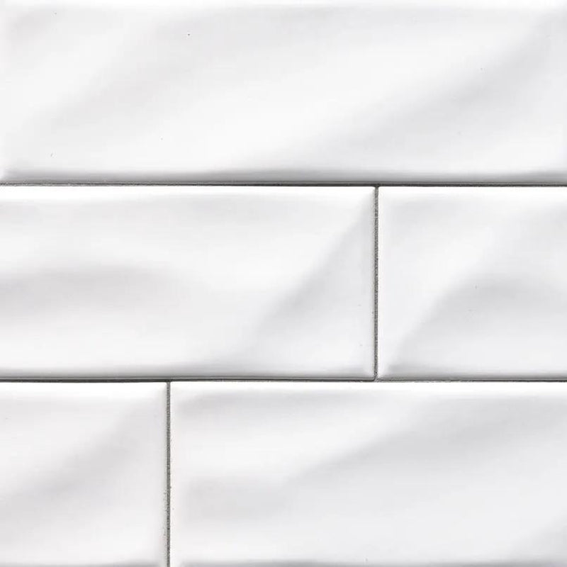 Whisper White Subway Tile Glossy Ceramic Mosaics 4x12 close up