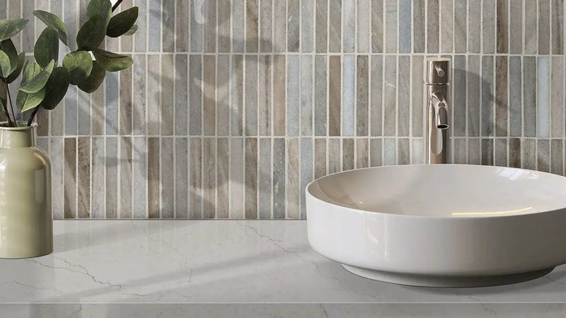 Ravello Mini Stack Polished Marble Mosaics 5/8x4 in a finished room