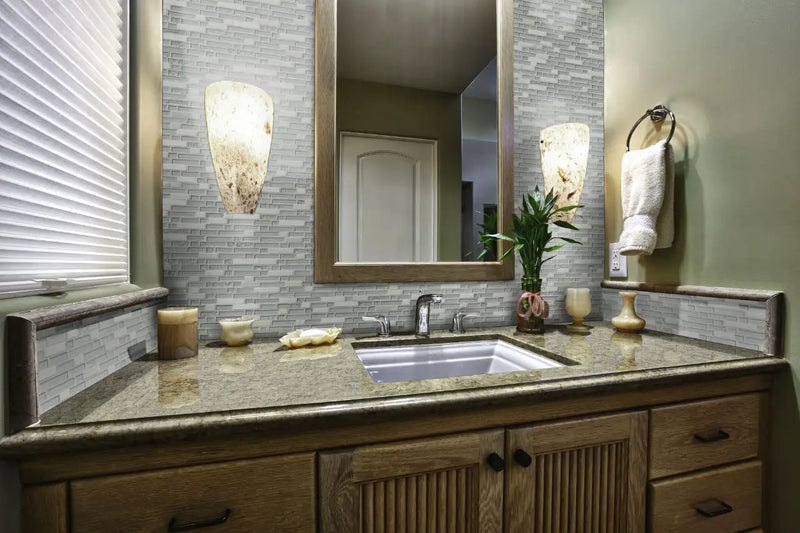 Delano Blanco 6mm Pattern Glass Mosaics in a finished room