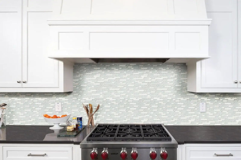 Delano Blanco 6mm Pattern Glass Mosaics in a finished room