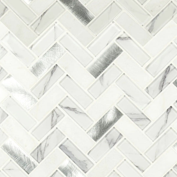 Bytle Bianco Herringbone 6mm Pattern Glass Mosaics