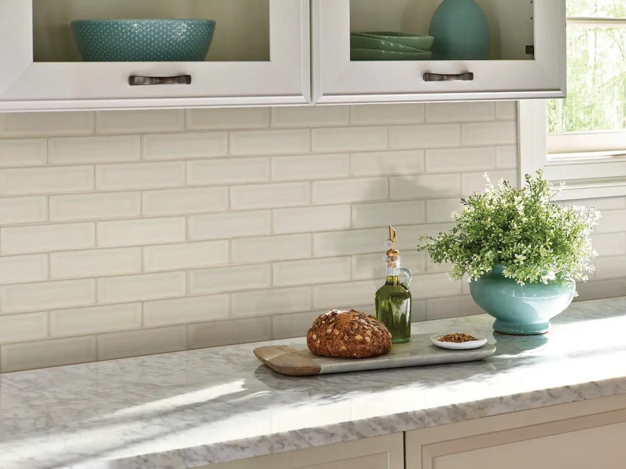 Antique White Beveled Tile Glossy Ceramic Mosaics 2x6 in a finished room