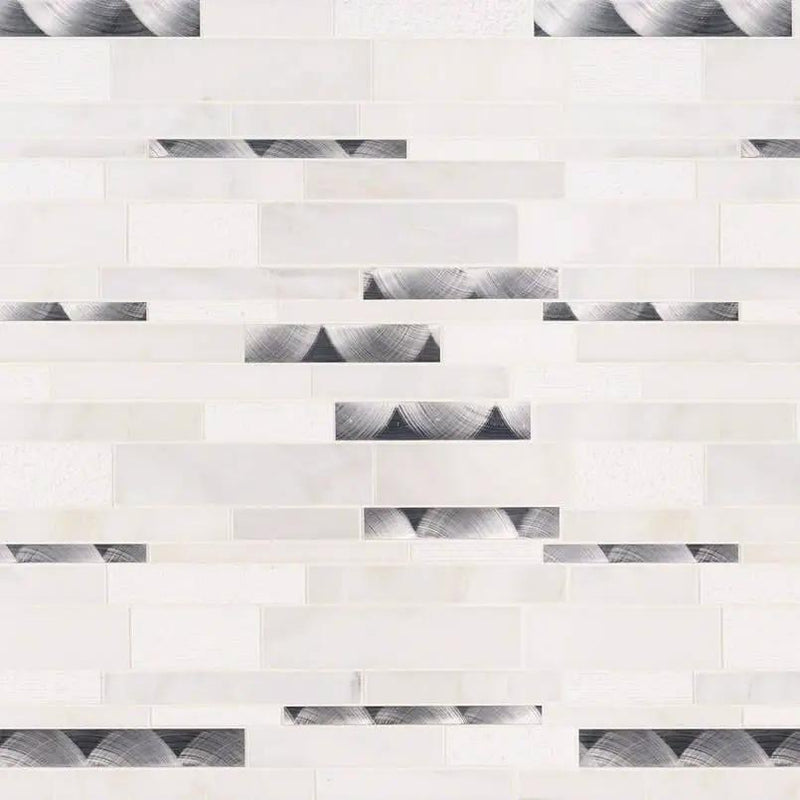 Moderno Blanco Interlocking 12x18 Pattern 8mm Metal Mosaics close up