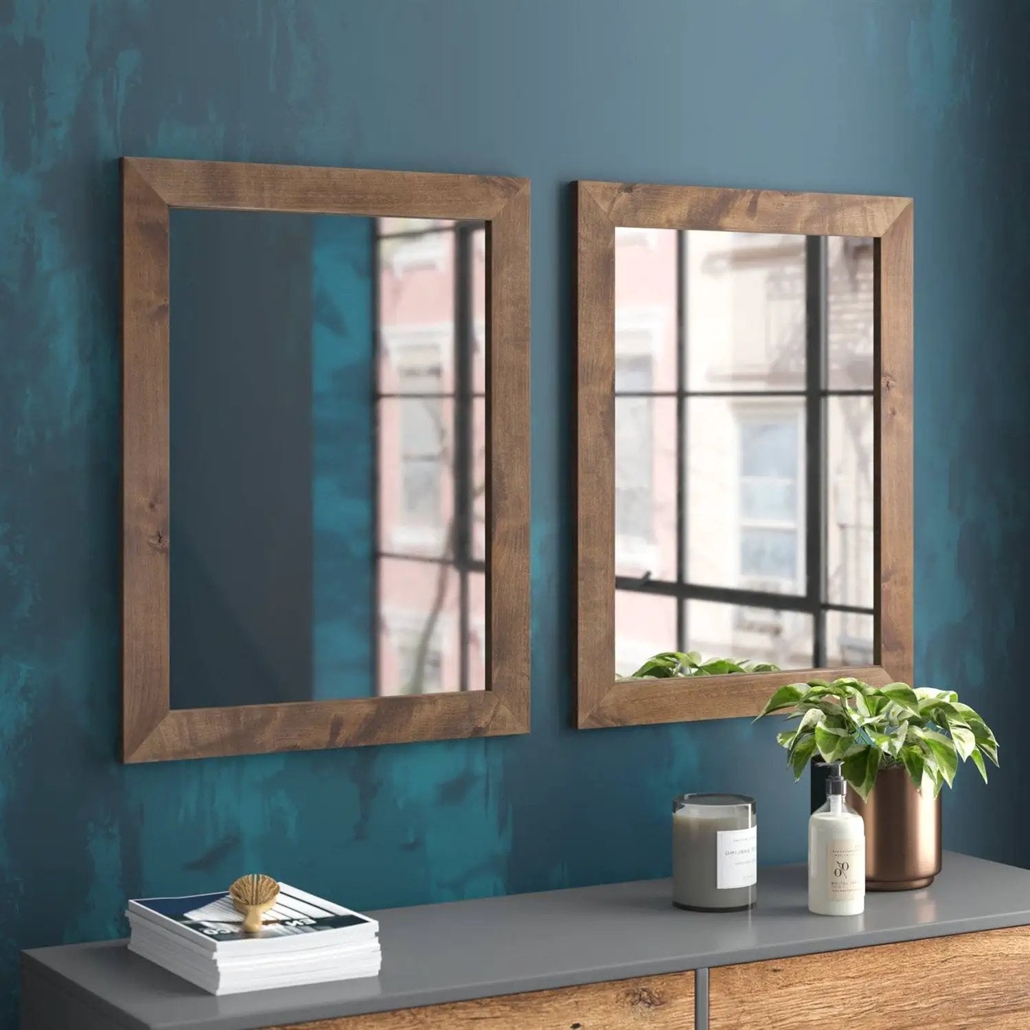Set of 2 Modern Farmhouse Mirror Set Distressed Brown Wood Frame 31 x 24 inch by HomePacific