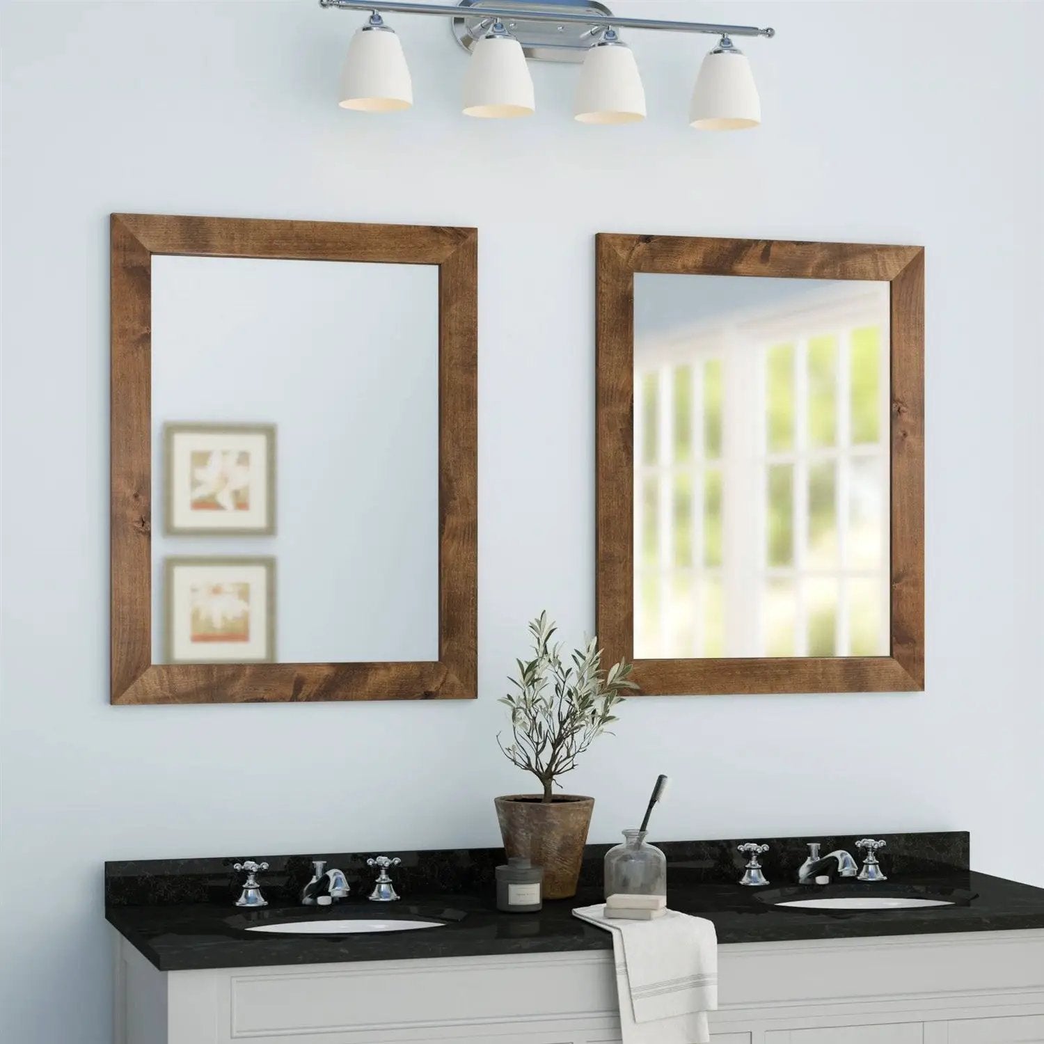 Set of 2 Modern Farmhouse Mirror Set Distressed Brown Wood Frame 31 x 24 inch by HomePacific