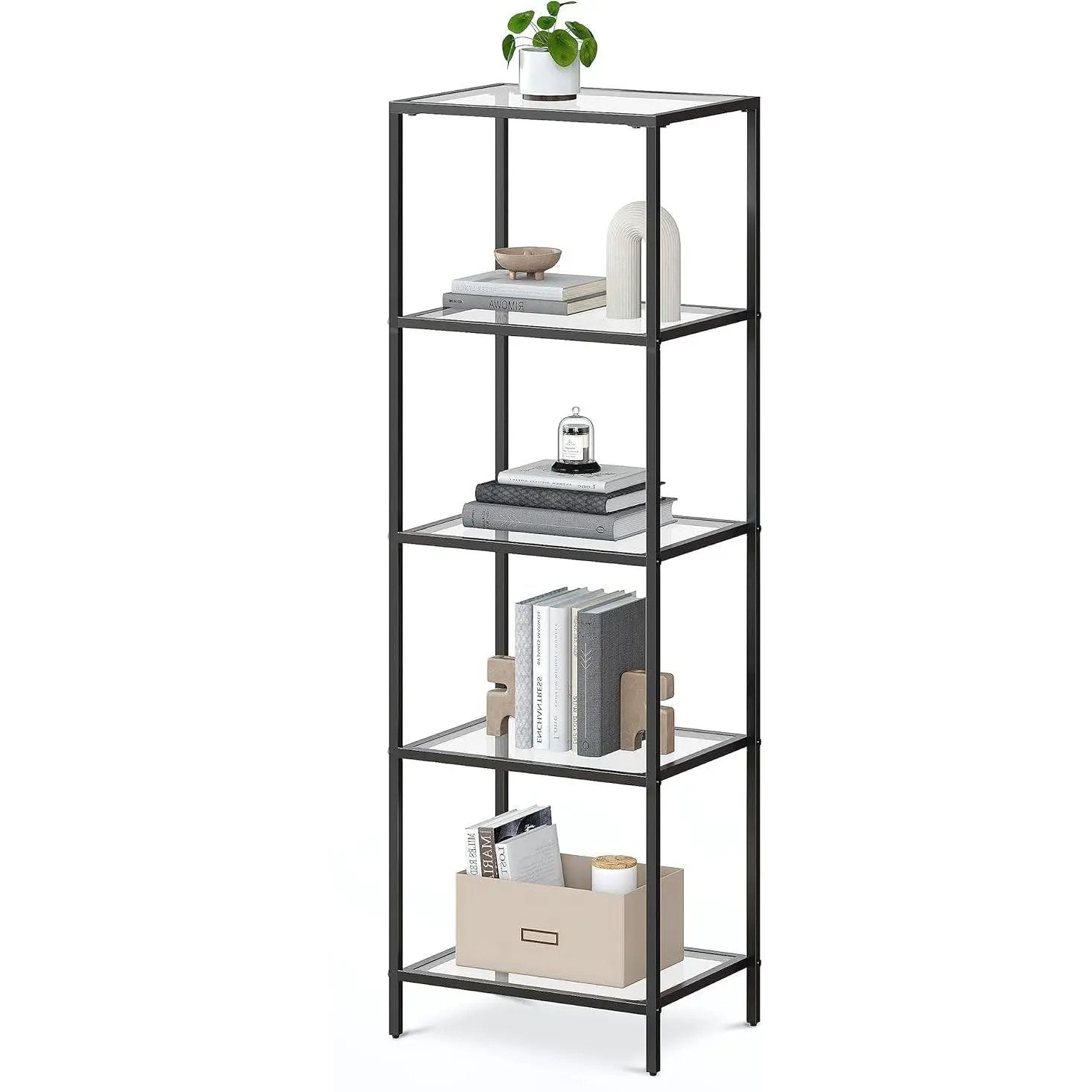 Black Metal Frame Glass Shelf Bookcase 4-Shelves Shelving Unit by HomePacific