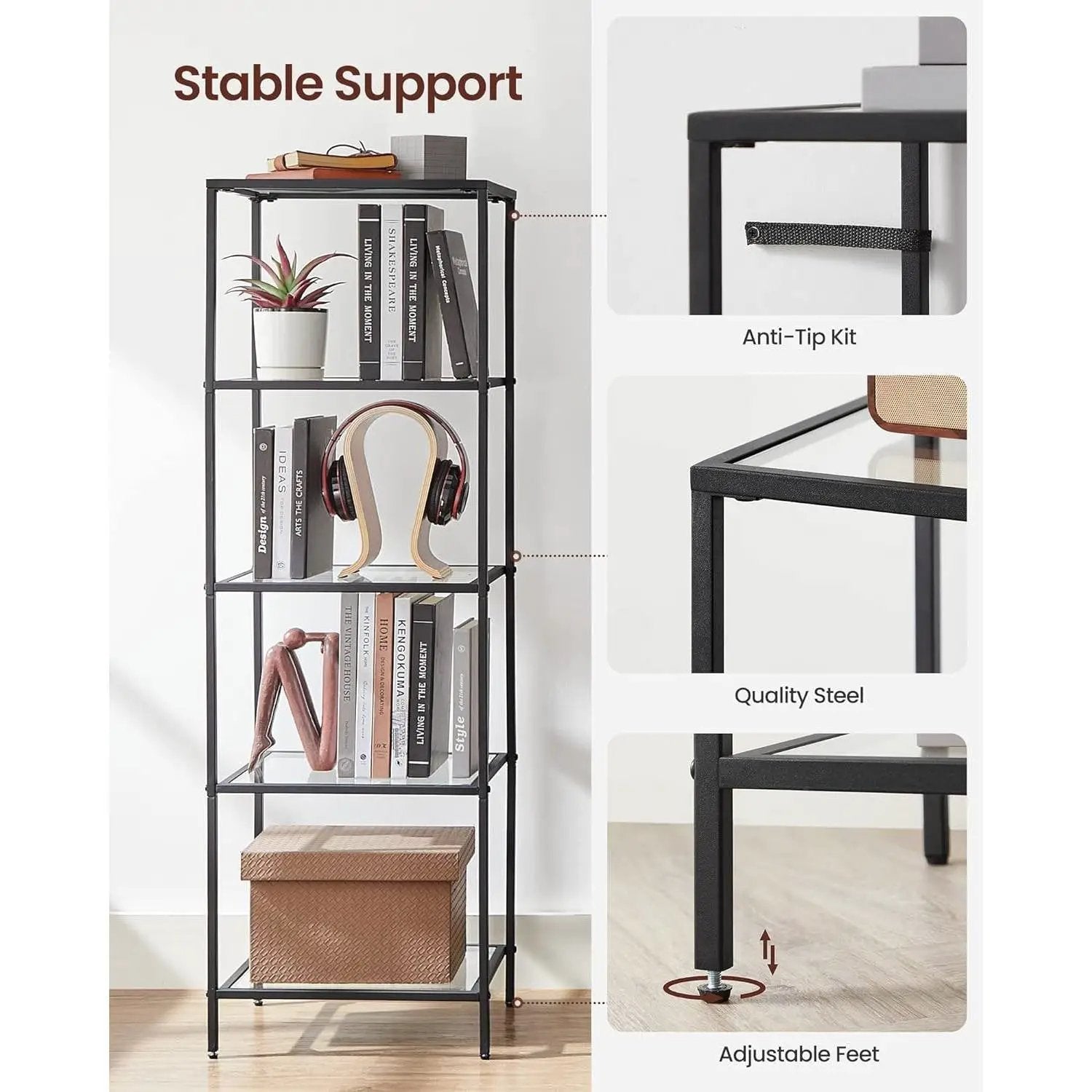 Black Metal Frame Glass Shelf Bookcase 4-Shelves Shelving Unit by HomePacific