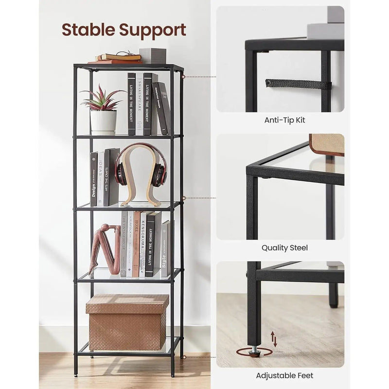 Black Metal Frame Glass Shelf Bookcase 4-Shelves Shelving Unit by HomePacific