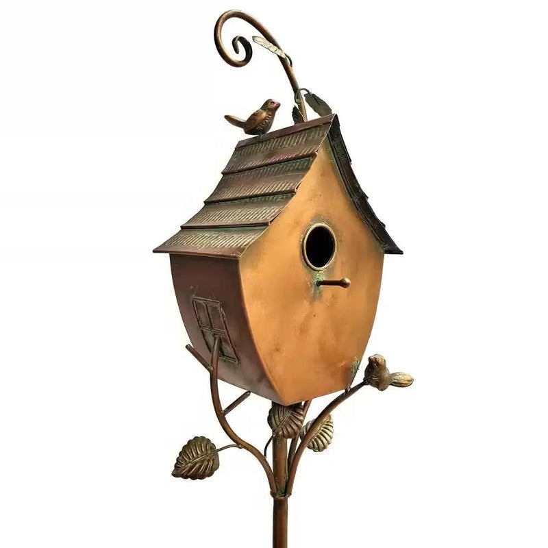Outdoor Powder Coated Iron Birdhouse with 3-Prong Garden Stake in Copper Finish by HomePacific