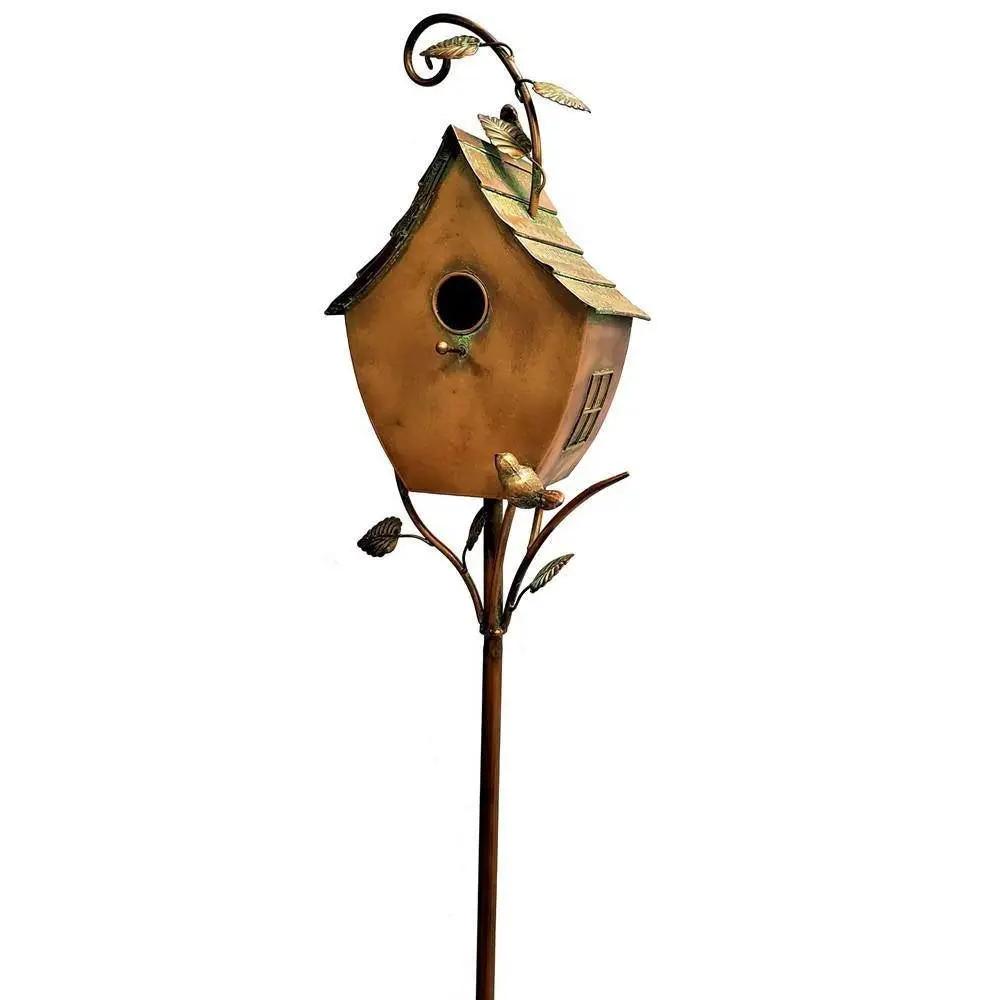 Outdoor Powder Coated Iron Birdhouse with 3-Prong Garden Stake in Copper Finish by HomePacific
