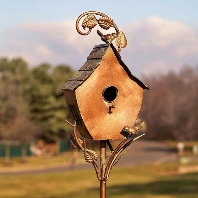 Outdoor Powder Coated Iron Birdhouse with 3-Prong Garden Stake in Copper Finish by HomePacific
