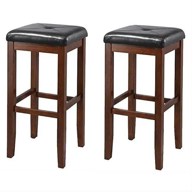 Set of 2 Vintage Mahogany Stools with Black Upholstered Seat by HomePacific