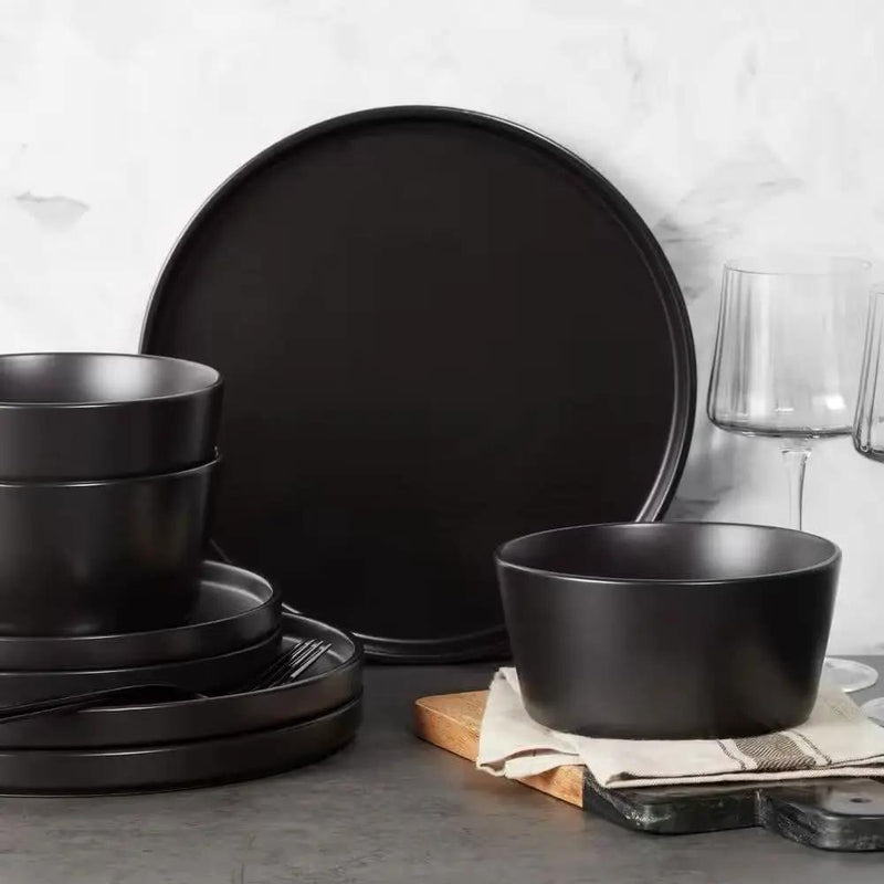 16-Piece Stoneware Dinnerware Set in Matte Black - Service for 4 by HomePacific
