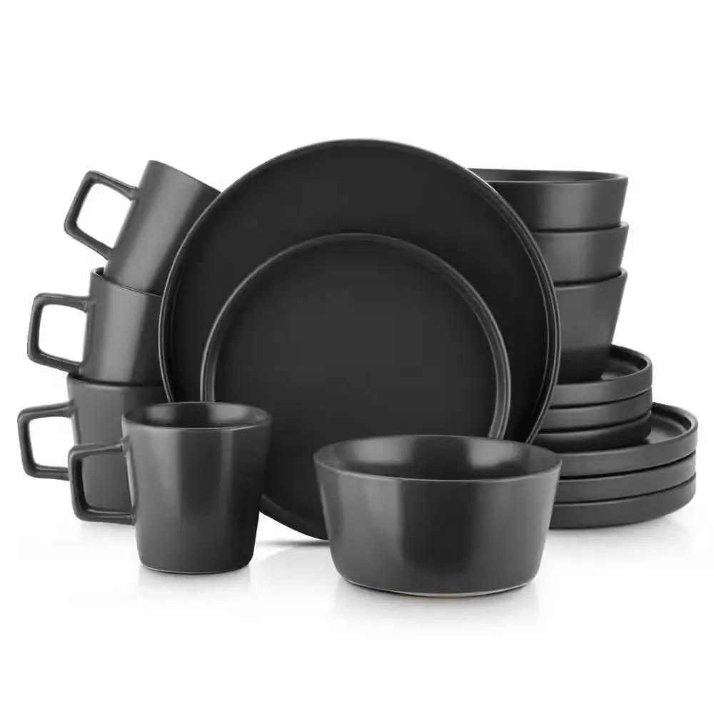 16-Piece Stoneware Dinnerware Set in Matte Black - Service for 4 by HomePacific