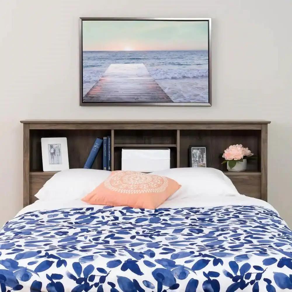 Full / Queen size Freestanding Bookcase Headboard in Grey Brown Wood Finish by HomePacific