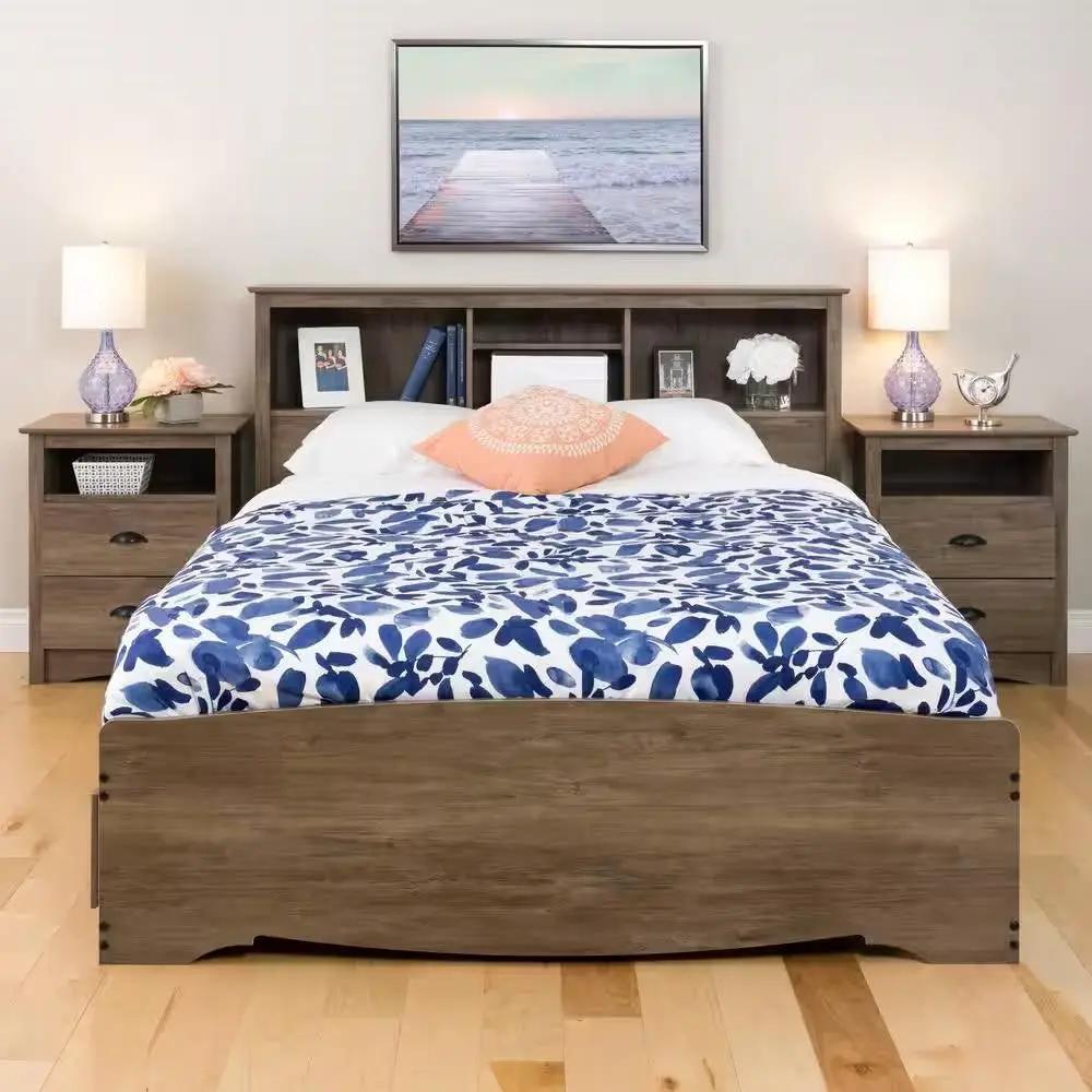 Full / Queen size Freestanding Bookcase Headboard in Grey Brown Wood Finish by HomePacific