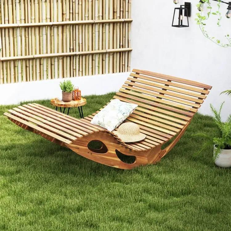 2-Seater Adirondack Slatted Acacia Patio Dual Rocker Sunbed Wood Lounger by HomePacific