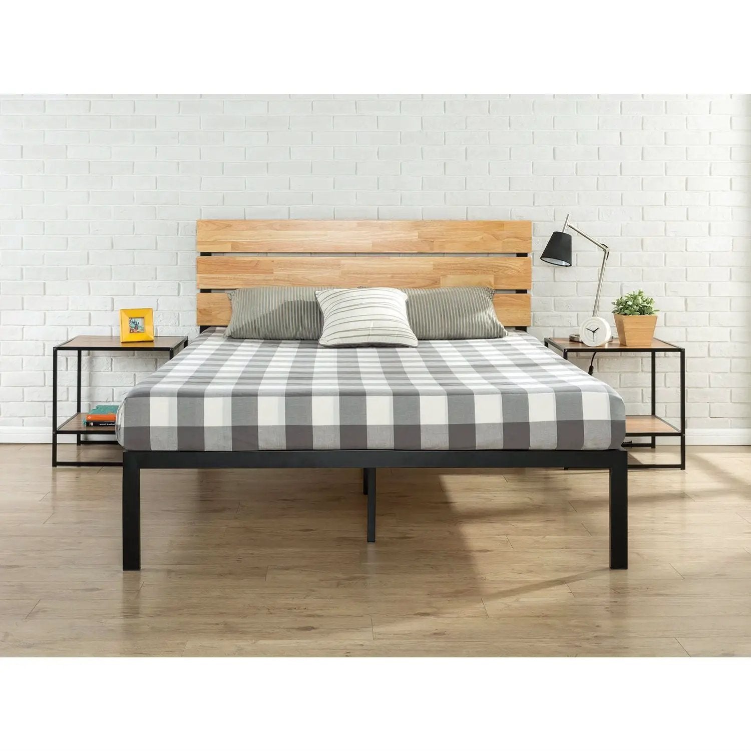 King size Modern Metal Platform Bed Frame with Wood Headboard and Slats by HomePacific