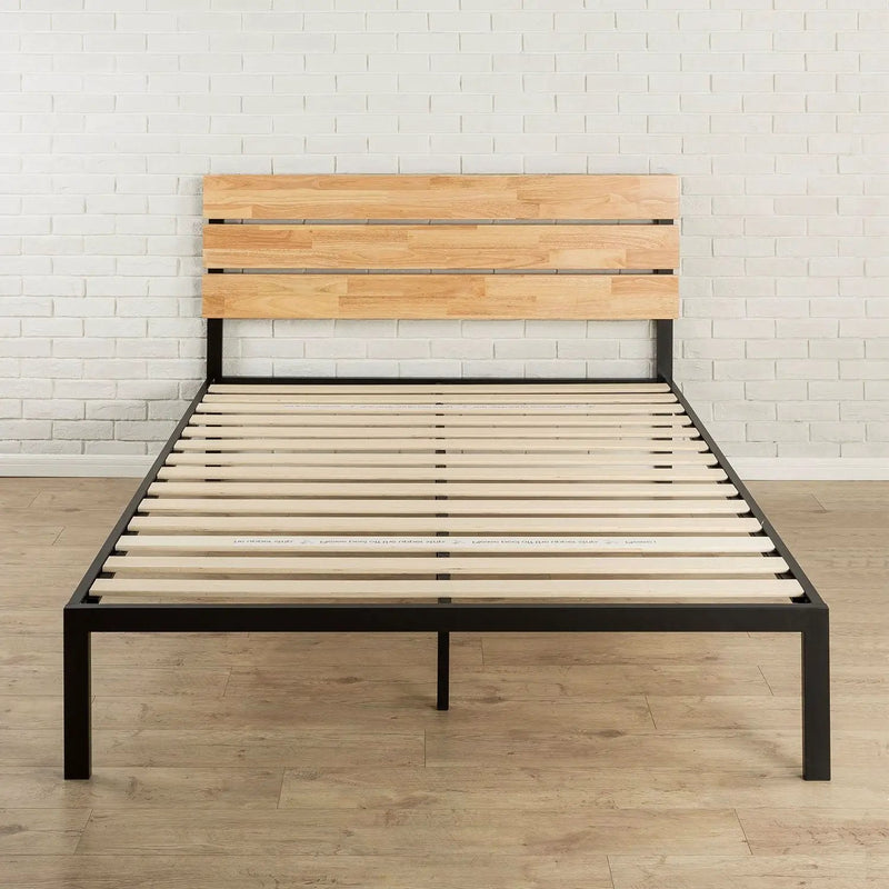 King size Modern Metal Platform Bed Frame with Wood Headboard and Slats by HomePacific